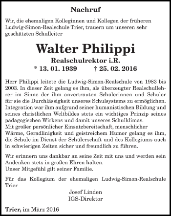 Traueranzeige von Walter  Philippi von trierischer_volksfreund
