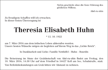 Traueranzeige von Theresia Elisabeth Huhn von trierischer_volksfreund
