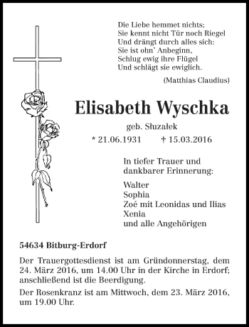 Traueranzeige von Elisabeth Wyschka von trierischer_volksfreund