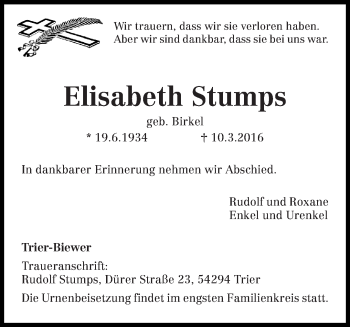 Traueranzeige von Elisabeth Stumps von trierischer_volksfreund