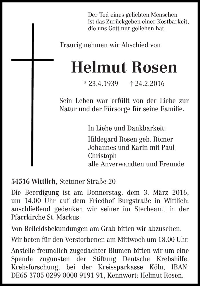  Traueranzeige für Helmut Rosen vom 29.02.2016 aus trierischer_volksfreund