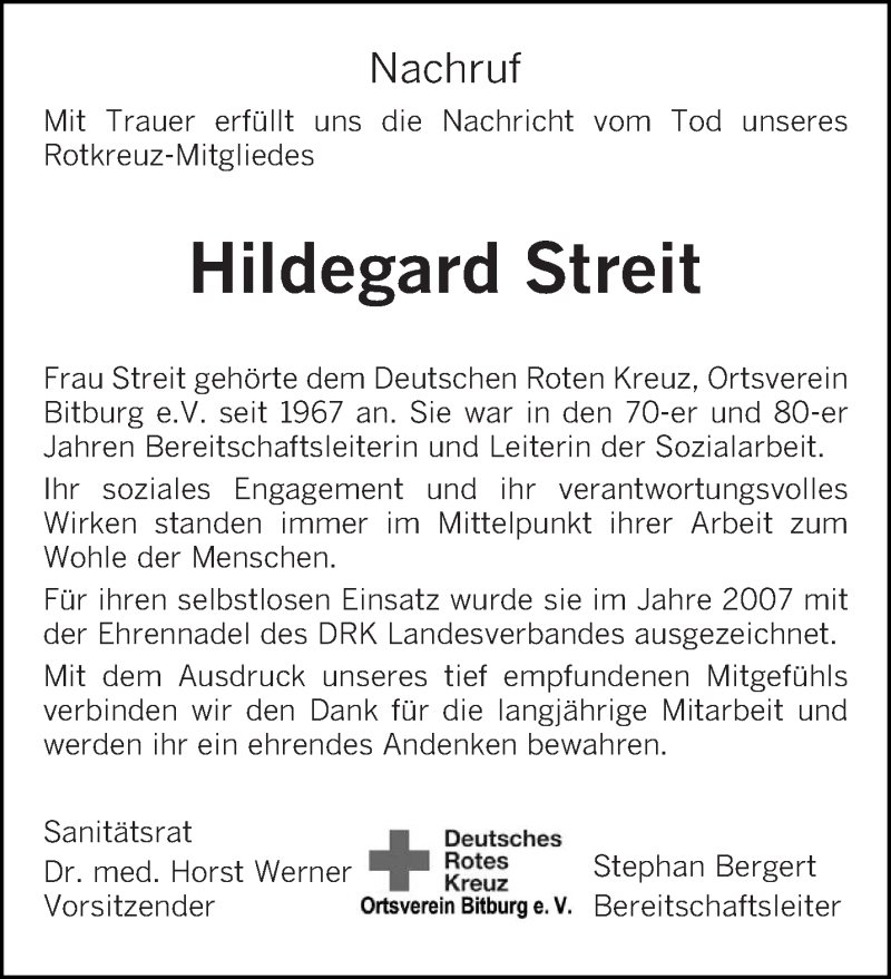  Traueranzeige für Hildegard Streit vom 05.03.2016 aus trierischer_volksfreund