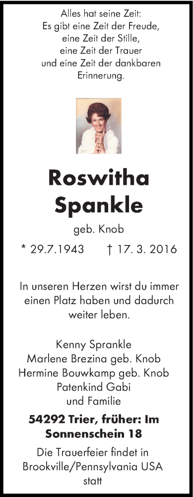  Traueranzeige für Roswitha Sprankle vom 21.03.2016 aus trierischer_volksfreund