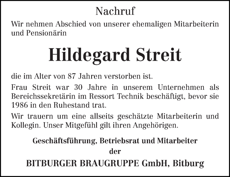  Traueranzeige für Hildegard Streit vom 05.03.2016 aus trierischer_volksfreund