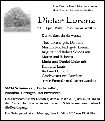 Traueranzeige von Dieter Lorenz von trierischer_volksfreund