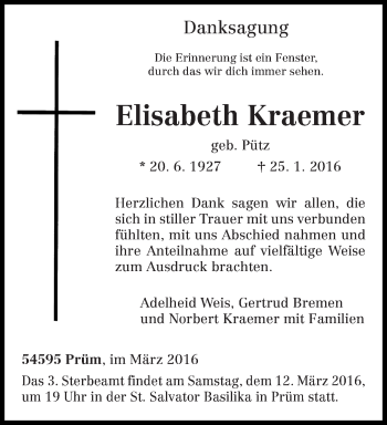 Traueranzeige von Elisabeth Kraemer von trierischer_volksfreund