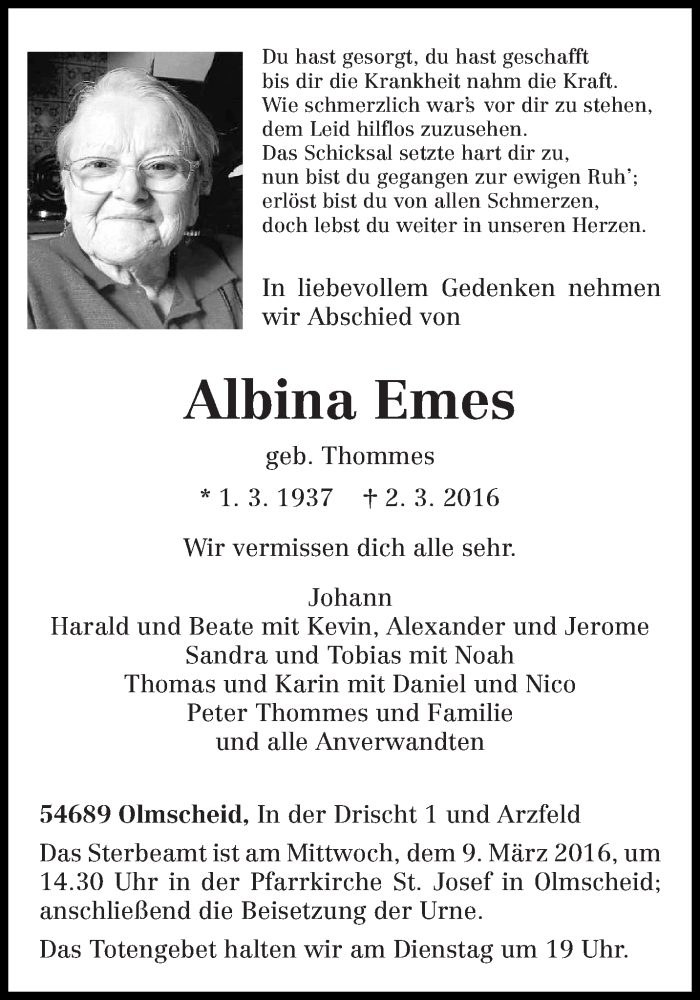 Traueranzeige für Albina Emes vom 05.03.2016 aus trierischer_volksfreund
