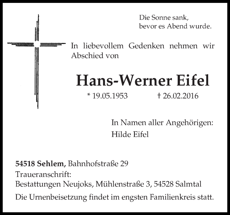  Traueranzeige für Hans-Werner Eifel vom 05.03.2016 aus trierischer_volksfreund