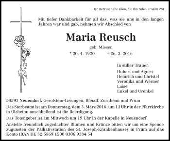 Traueranzeige von Maria Reusch von trierischer_volksfreund