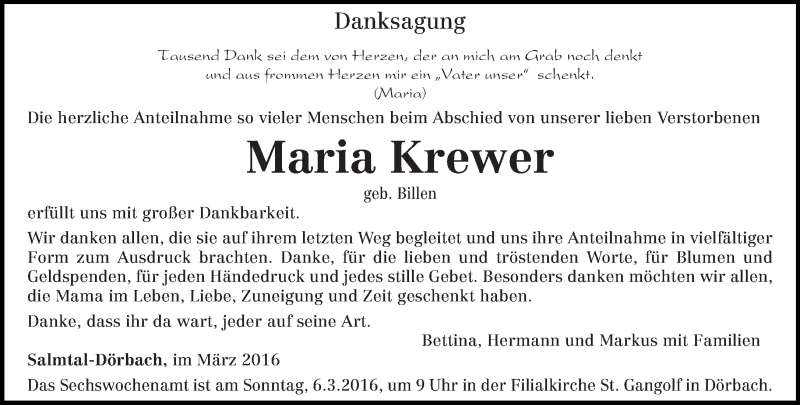  Traueranzeige für Maria Krewer vom 05.03.2016 aus trierischer_volksfreund