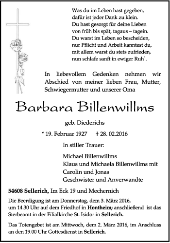 Traueranzeige von Barbara Billenwillms von trierischer_volksfreund
