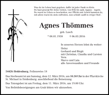 Traueranzeige von Agnes Thömmes von trierischer_volksfreund
