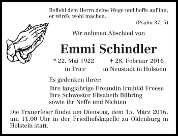 Traueranzeige von Emmi Schindler von trierischer_volksfreund
