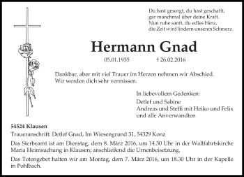Traueranzeige von Hermann Gnad von trierischer_volksfreund