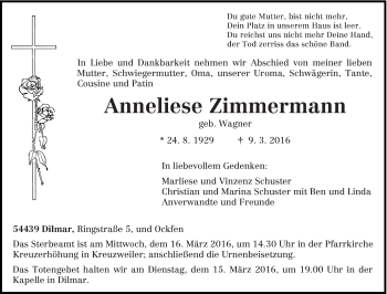 Traueranzeige von Anneliese Zimmermann von trierischer_volksfreund