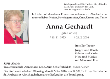 Traueranzeige von Anna Gerhardt von trierischer_volksfreund