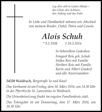Traueranzeige von Alois Schuh von trierischer_volksfreund