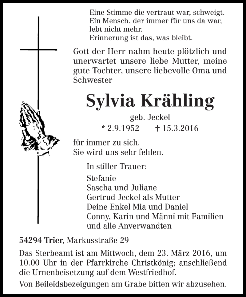  Traueranzeige für Sylvia Krähling vom 19.03.2016 aus trierischer_volksfreund