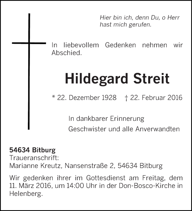  Traueranzeige für Hildegard Streit vom 05.03.2016 aus trierischer_volksfreund
