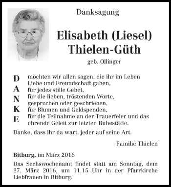 Traueranzeige von Elisabeth Thielen-Güth von trierischer_volksfreund