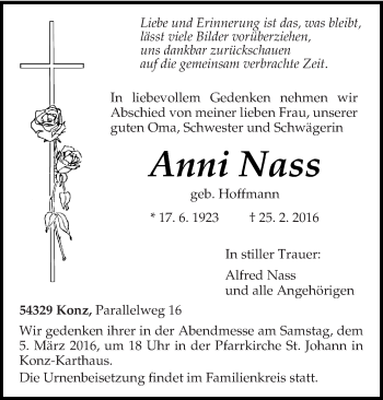 Traueranzeige von Anni Nass von trierischer_volksfreund