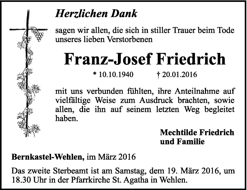  Traueranzeige für Franz-Josef Friedrich vom 12.03.2016 aus trierischer_volksfreund