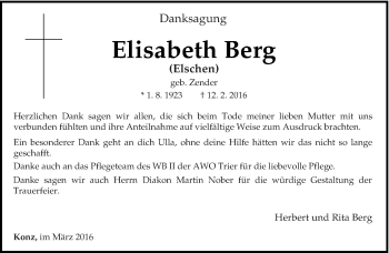 Traueranzeige von Elisabeth Berg von trierischer_volksfreund