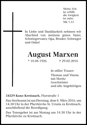 Traueranzeige von August Marxen von trierischer_volksfreund