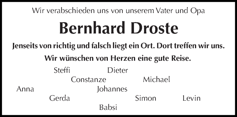  Traueranzeige für Bernhard Droste vom 23.03.2016 aus trierischer_volksfreund
