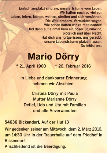 Traueranzeige von Mario Dörry von trierischer_volksfreund