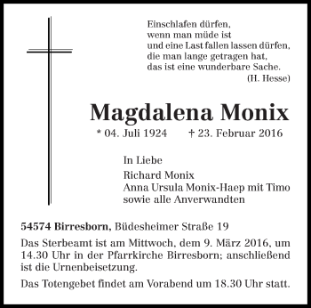 Traueranzeige von Magdalena Monix von trierischer_volksfreund