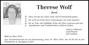 Traueranzeige von Therese Wolf von trierischer_volksfreund