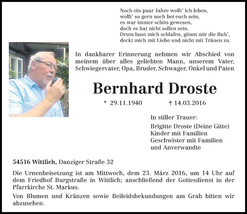  Traueranzeige für Bernhard Droste vom 19.03.2016 aus trierischer_volksfreund