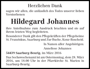 Traueranzeige von Hildegard Johannes von trierischer_volksfreund