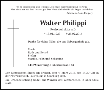 Traueranzeige von Walter  Philippi von trierischer_volksfreund