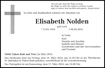 Traueranzeige von Elisabeth Nolden von trierischer_volksfreund