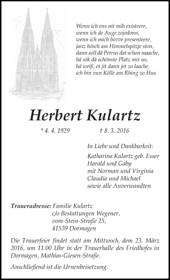 Traueranzeige von Herbert Kulartz von trierischer_volksfreund