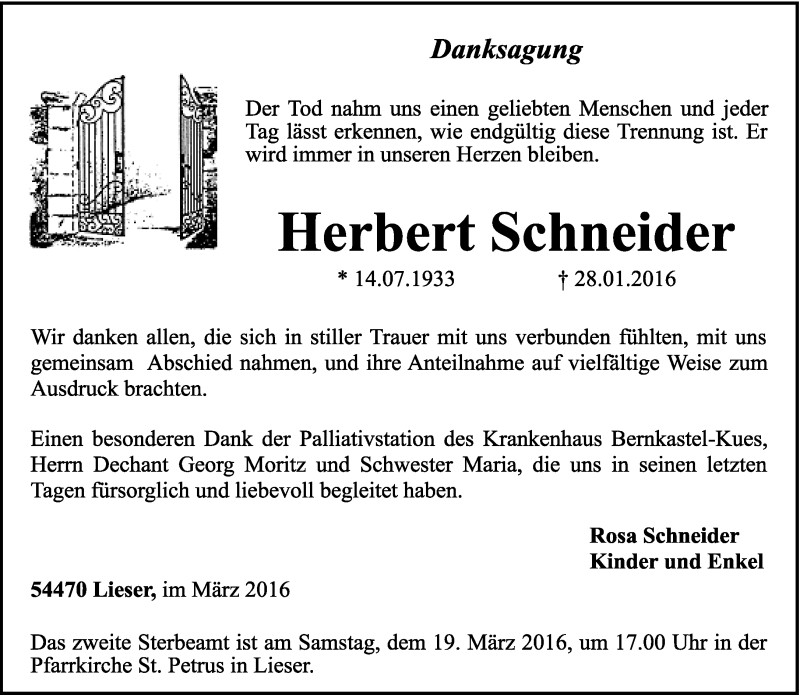  Traueranzeige für Herbert Schneider vom 09.03.2016 aus trierischer_volksfreund