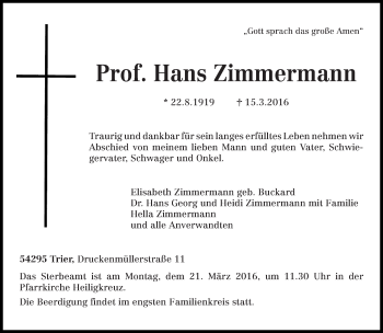 Traueranzeige von Hans Zimmermann von trierischer_volksfreund