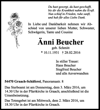 Traueranzeige von Änni Beucher von trierischer_volksfreund