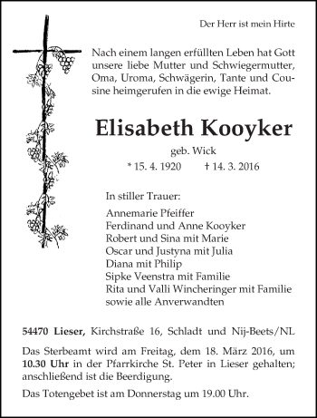 Traueranzeige von Elisabeth Kooyker von trierischer_volksfreund