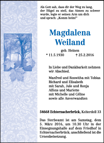 Traueranzeige von Magdalena Weiland von trierischer_volksfreund