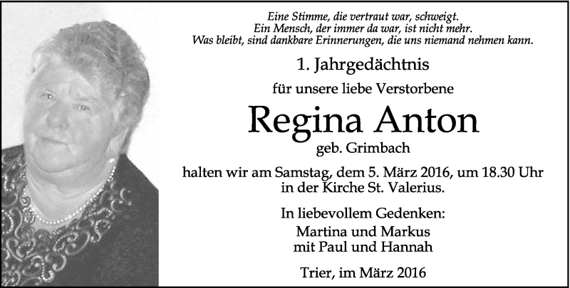  Traueranzeige für Regina Anton vom 02.03.2016 aus trierischer_volksfreund