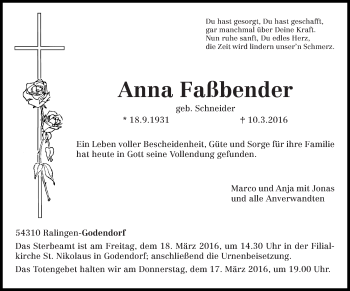 Traueranzeige von Anna Faßbender von trierischer_volksfreund