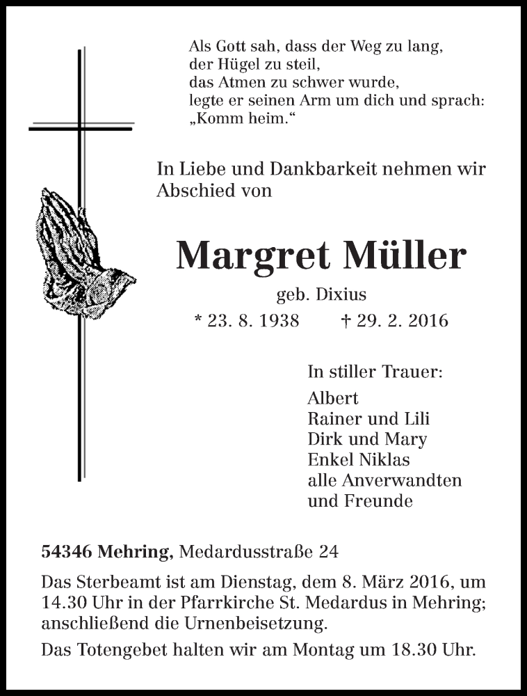  Traueranzeige für Margret Müller vom 04.03.2016 aus trierischer_volksfreund
