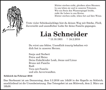 Traueranzeige von Lia Schneider von trierischer_volksfreund