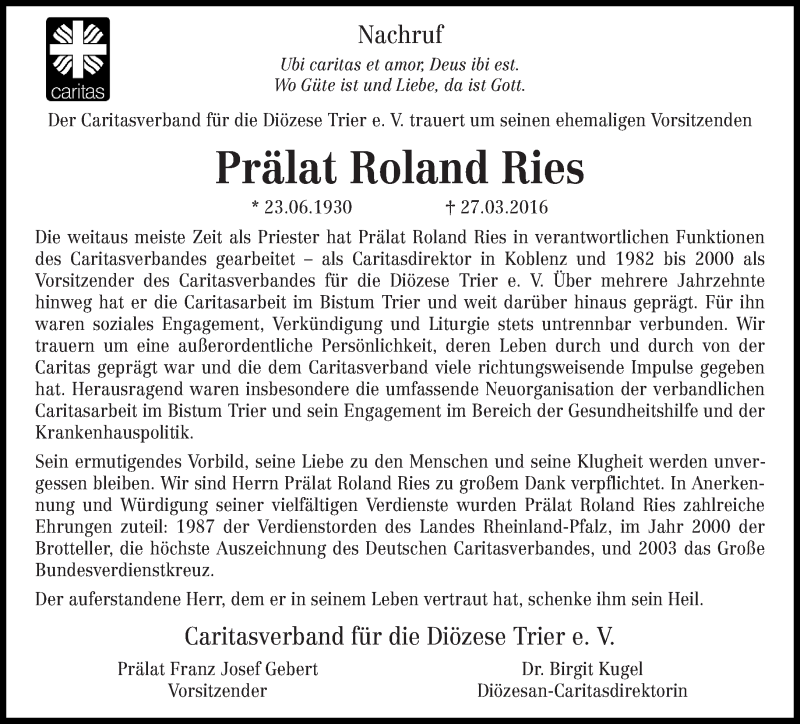  Traueranzeige für Roland Ries vom 30.03.2016 aus trierischer_volksfreund