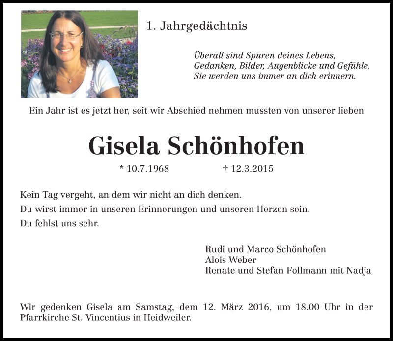  Traueranzeige für Gisela Schönhofen vom 05.03.2016 aus trierischer_volksfreund