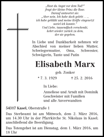 Traueranzeige von Elisabeth Marx von trierischer_volksfreund