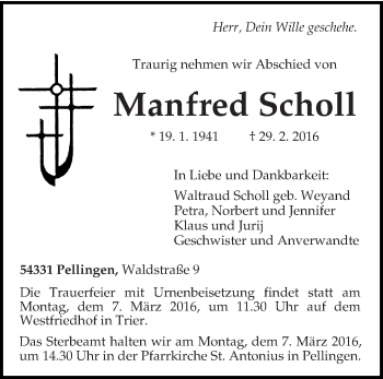 Traueranzeige von Manfred Scholl von trierischer_volksfreund